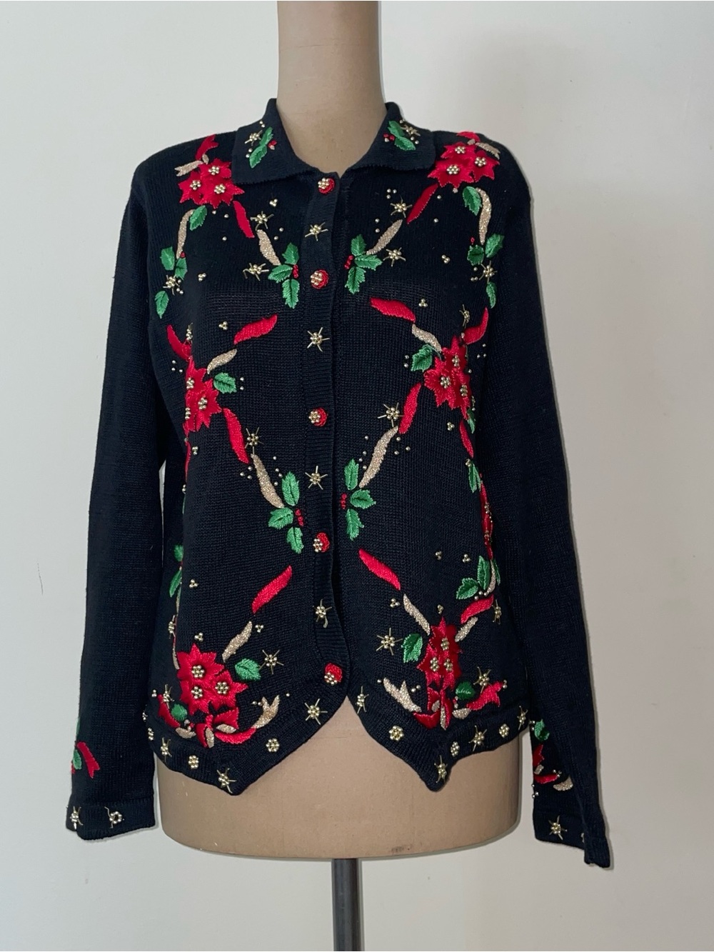 Black Floral Embroidered Button-Front Knit Jacket - Women's